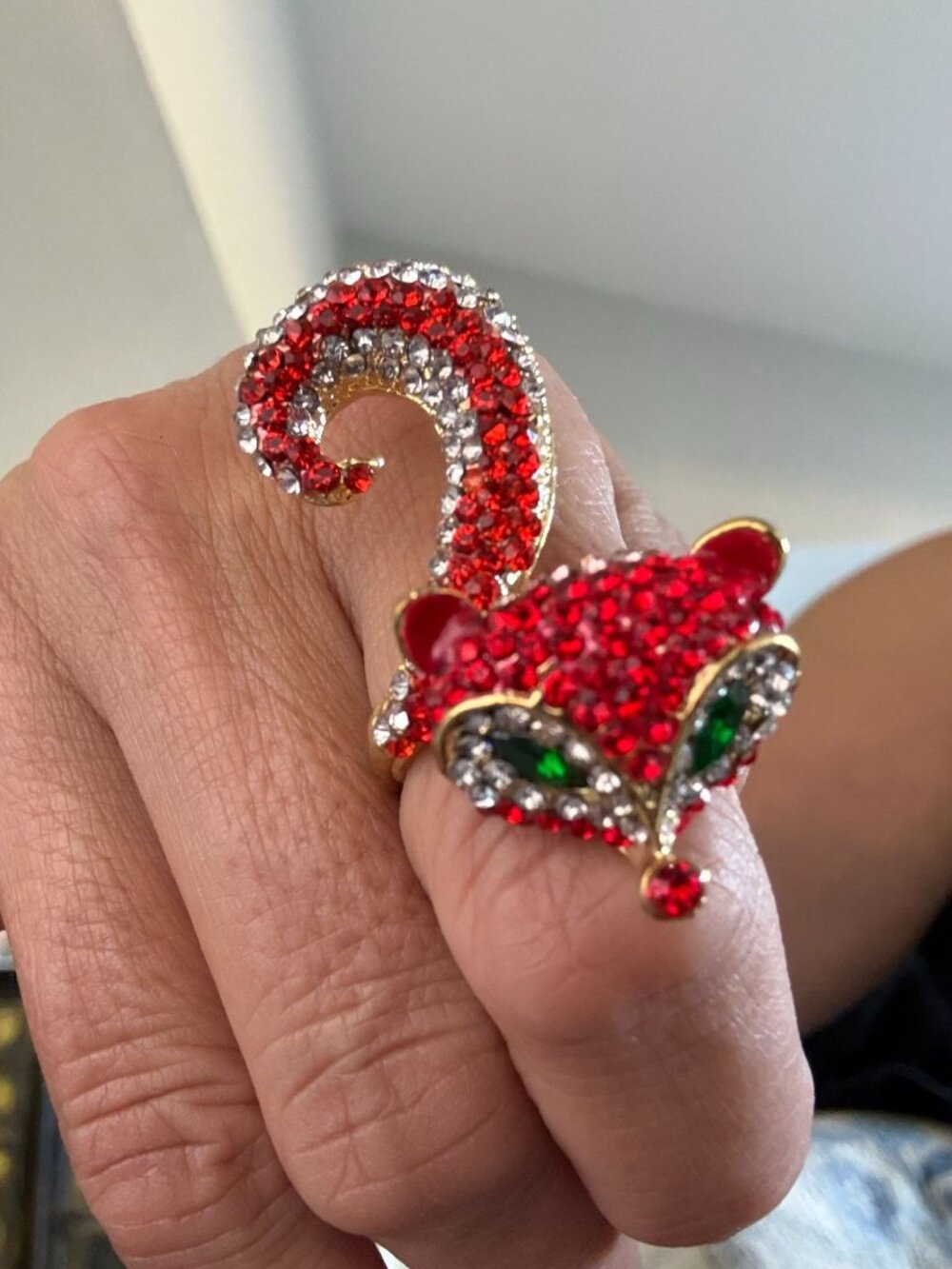 Rhinestone Fox Statement Ring Gold Tone Red Crystal Green Eyes Animal Size 7